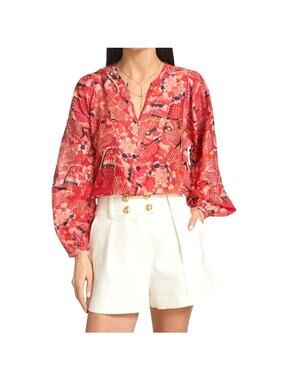 Chufy Cotton Silk Gone Jammin Orange Red Floral Cliff Balloon Sleeve Blouse Sz S